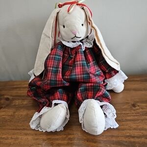 Handmade Plush Bunny in Red & Green Plaid Outfit